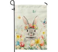 Bandiera da giardino a forma di coniglio floreale primaverile bella coniglio grigio con fiori e uova, decorazione per esterni, bandiera double face in juta per la decorazione di Pasqua 30,5 x 45,7 cm