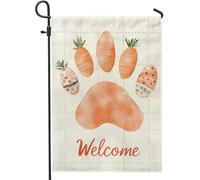 Bandiera da giardino a forma di coniglio stagionale primaverile stampa zampa di carota arancione decorazione esterna bandiere da cortile double face in tela di iuta per la decorazione della festa