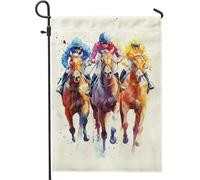 Bandiera da giardino a forma di corse di cavalli, decorazione per esterni con fantini colorati su cavalli, decorazione per prato primaverile ed estivo, bandiera in iuta su entrambi i lati, per feste