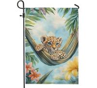 Bandiera da giardino a forma di cucciolo di leopardo, grazioso cucciolo di leopardo in amaca, scena naturale, decorazione per esterni, striscione tropicale estivo su entrambi i lati, decorazione per