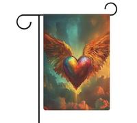 Bandiera da giardino a forma di cuore arcobaleno con ali piumate, in iuta su entrambi i lati, 30,5 x 45,7 cm