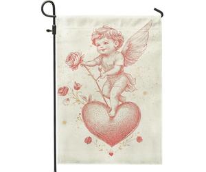 Bandiera da giardino a forma di cuore con scritta "Love God" di San Valentino, angelo e rosa, decorazione da giardino in iuta su entrambi i lati, per la stagione dell'amore, 30,5 x 45,7 cm