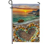 Bandiera da giardino a forma di cuore con spiaggia e tramonto, striscione decorativo per esterni con ciottoli colorati, bandiera per prato in iuta su entrambi i lati, decorazione per feste estive 30,5