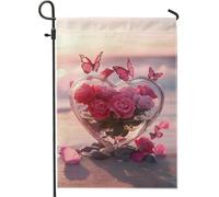 Bandiera da giardino a forma di cuore di rose e farfalle, decorazione romantica floreale per la primavera e l'estate, decorazione per esterni double face, 30,5 x 45,7 cm