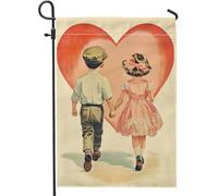 Bandiera da giardino a forma di cuore di San Valentino carino retrò bambini che tengono la mano decorazione esterna bandiera da cortile double face in iuta per la stagione dell'amore decorazione
