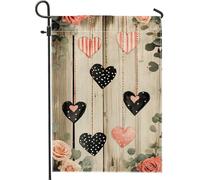 Bandiera da giardino a forma di cuore di San Valentino, decorazione per esterni con cuori rossi e pesca nera, bandiera stagionale su entrambi i lati, decorazione romantica per la casa per giardino