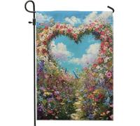 Bandiera da giardino a forma di cuore, fiori romantici primaverili, cielo primaverile, pesca, doppia faccia, in iuta, piccola bandiera da giardino per esterni, prato, portico, patio, ingresso, 30,5 x