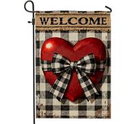 Bandiera da giardino a forma di cuore, rustica con fiocco a quadri in iuta rossa stagionale su entrambi i lati, piccola bandiera da giardino per esterni, prato, portico, patio, ingresso, 30,5 x 45,7