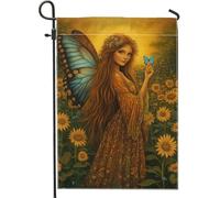 Bandiera da giardino a forma di farfalla con fata, decorazione floreale gialla dorata, striscione decorativo per la casa, bandiera su entrambi i lati, in iuta, decorazione per esterni, 30,5 x 45,7 cm