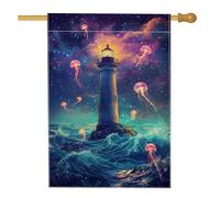 Bandiera da giardino a forma di faro dell'oceano, meduse viola con stelle, decorazione per la casa e il giardino, a due lati, per esterni, vacanze estive, decorazione per prato, 71 x 101 cm