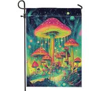 Bandiera da giardino a forma di fungo dai colori vivaci, decorazione per esterni con funghi neon fantasia, bandiera da cortile in iuta su entrambi i lati, per tutte le stagioni, decorazione per feste
