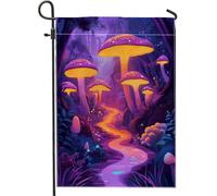 Bandiera da giardino a forma di fungo fantasia, viola con funghi incantati, decorazione per la casa, striscione da giardino, bandiera artistica su entrambi i lati, decorazione per esterni, 30,5 x 45,7