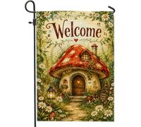 Bandiera da giardino a forma di fungo, fantasiosa lanterna rustica margherite estive in iuta rossa su entrambi i lati, bandiere decorative per esterni, prato, portico, patio, ingresso, 30,5 x 45,7 cm