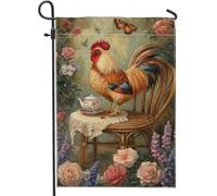 Bandiera da giardino a forma di gallo, stile vintage rustico, teiera farfalla primavera toni caldi su entrambi i lati, piccola bandiera da giardino per esterni, patio, prato, portico, ingresso