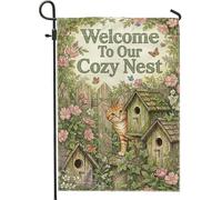 Bandiera da giardino a forma di gatto, accogliente casetta per uccelli rustica, fiori verde primavera, in iuta su entrambi i lati, decorativa, per esterni, prato, portico, patio, ingresso, 30,5 x 45,7