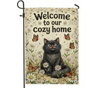 Bandiera da giardino a forma di gatto, accogliente e fantasiosa farfalla crisantemo primavera nera su entrambi i lati bandiere decorative per cortile esterno prato anteriore portico patio ingresso