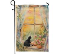 Bandiera da giardino a forma di gatto, accogliente finestra al tramonto, decorazione per la casa da giardino, bandiera artistica su entrambi i lati, in poliestere, per cortile, decorazione autunnale