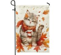 Bandiera da giardino a forma di gatto autunnale accogliente gattino con sciarpa e foglie, decorazione da cortile, tela di iuta double face, vacanza autunnale, decorazione per esterni, 30,5 x 45,7 cm