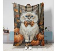 Bandiera da giardino a forma di gatto autunnale con gatto color crema con occhi blu e zucca, bandiera autunnale in iuta su entrambi i lati, decorazione stagionale per prato all'aperto, graziosa