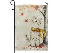 Bandiera da giardino a forma di gatto autunnale, sciarpa grigia bianca e gialla, stagione autunnale, belle bandiere decorative per cortile acquerello, decorazione per prato all'aperto double face