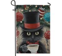 Bandiera da giardino a forma di gatto, cappello a cilindro natalizio a forma di tazza da caffè, nera, double face, decorativa, per esterni, prato, portico, patio, ingresso, 30,5 x 45,7 cm