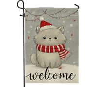 Bandiera da giardino a forma di gatto, cappello di Babbo Natale invernale fantasioso, sciarpa invernale in iuta grigia su entrambi i lati, piccola bandiera da giardino per esterni, portico, prato