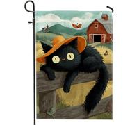 Bandiera da giardino a forma di gatto, cappello fantasioso con farfalla autunnale, nera, double face, decorativa, per esterni, patio, prato, portico, ingresso, campeggio, 30,5 x 45,7 cm