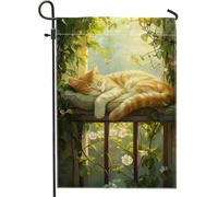 Bandiera da giardino a forma di gatto che dorme, bandiera arancione soriana floreale, decorazione per la casa e il giardino, bandiera da giardino in iuta su entrambi i lati, decorazione per esterni