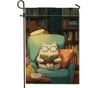 Bandiera da giardino a forma di gatto, comoda e fantasiosa sedia a libro nessuno verde, doppia faccia in iuta, piccola bandiera da giardino per esterni, portico, prato, patio, terrazza, 30,5 x 45,7 cm