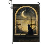 Bandiera da giardino a forma di gatto con cielo notturno, con stelle e luna, decorazione per la casa e il giardino, bandiera in iuta su entrambi i lati, per autunno e inverno, decorazione per prato