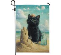 Bandiera da giardino a forma di gatto con conchiglie, fantasiosa decorazione da spiaggia per l'estate, arte su entrambi i lati per la decorazione del prato all'aperto, grazioso gattino con scena di
