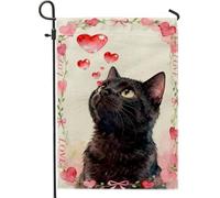 Bandiera da giardino a forma di gatto, con cuori romantici e fantasiosi, in iuta nera, double face, per esterni, prato, portico, patio, ingresso, 30,5 x 45,7 cm