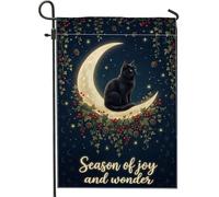 Bandiera da giardino a forma di gatto, con luna fantasiosa stagionale, agrifoglio, invernale, nera, double face, per esterni, prato, portico, patio, ingresso, 30,5 x 45,7 cm