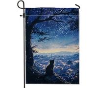 Bandiera da giardino a forma di gatto con notte stellata, silhouette di cielo notturno blu, decorazione per la casa e il giardino, in tessuto double-face, decorazione per prato esterno per tutte le