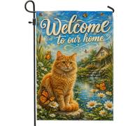 Bandiera da giardino a forma di gatto, con scritta "Welcome Nature Butterfly Chrysanthemum Spring Orange Jut" su entrambi i lati, decorativa, per esterni, patio, prato, portico, ingresso, campeggio