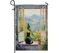 Bandiera da giardino a forma di gatto, con vista panoramica sulla finestra, decorazione da giardino, bandiera da giardino su entrambi i lati, 30,5 x 45,7 cm