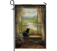 Bandiera da giardino a forma di gatto, con vista panoramica sulla finestra, decorazione per la casa e il giardino, immagine su entrambi i lati, bandiera da cortile per esterni, decorazione per prato