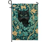 Bandiera da giardino a forma di gatto, design floreale verde, decorazione per esterni, autunno e autunno, bandiera stagionale da cortile, decorazione artistica su entrambi i lati, 30,5 x 45,7 cm