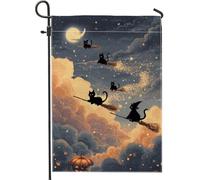 Bandiera da giardino a forma di gatto di Halloween, con manico di scopa da strega, decorazione per la casa, in iuta su entrambi i lati, decorazione per prato all'aperto, per festival autunnali, 30,5 x