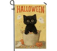 Bandiera da giardino a forma di gatto di Halloween, decorazione per la casa con gattino nero e zucca, bandiera su entrambi i lati, in iuta, decorazione per giardino, 30,5 x 45,7 cm
