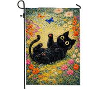 Bandiera da giardino a forma di gatto, fantasiosa bandiera colorata con farfalle e fiori primaverili in iuta nera su entrambi i lati, piccola bandiera da giardino per esterni, patio, prato, veranda