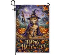 Bandiera da giardino a forma di gatto, fantasiosa e festosa, con zucche e scopa, in iuta arancione, su entrambi i lati, decorativa, per esterni, patio, prato, portico, ingresso, campeggio, 30,5 x 45,7