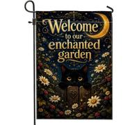Bandiera da giardino a forma di gatto, fantasiosa e incantevole luna, margherite autunnali, in iuta nera, su entrambi i lati, decorativa, per esterni, patio, prato, veranda, balcone, 30,5 x 45,7 cm