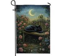 Bandiera da giardino a forma di gatto, fantasiosa e romantica con rose e luna, nessuna nera, doppia faccia, in iuta, piccola bandiera da giardino per esterni, patio, prato, portico, ingresso