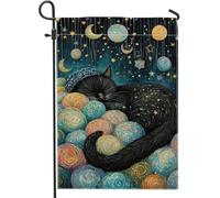 Bandiera da giardino a forma di gatto, fantasiosa fantasia con stelle e luna N/a nera su entrambi i lati, piccola bandiera da giardino per esterni, prato, portico, patio, ingresso, 30,5 x 45,7 cm