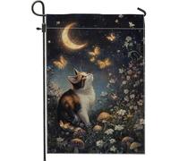 Bandiera da giardino a forma di gatto, fantasiosa fantasia farfalla luna nessuno blu scuro iuta double face bandiere decorative per cortile esterno patio prato portico ingresso campeggio 30,5 x 45,7
