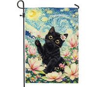 Bandiera da giardino a forma di gatto, fantasiosi fiori con luna e primavera, in iuta nera, double face, bandiere decorative per esterni, portico, prato, patio, terrazza, 30,5 x 45,7 cm