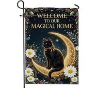 Bandiera da giardino a forma di gatto, fantasioso crisantemo lunare, autunnale, in iuta nera, double face, bandiere decorative per esterni, prato, portico, patio, ingresso, 30,5 x 45,7 cm
