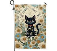 Bandiera da giardino a forma di gatto, fantasioso e giocoso crisantemo libellula primavera nera su entrambi i lati bandiere decorative per esterni per patio, prato, portico, ingresso campeggio, 30,5 x