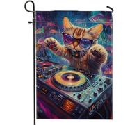 Bandiera da giardino a forma di gatto, fantasioso giocoso con giradischi per dj nessuno vibrante juta decorativa su entrambi i lati, per esterni, patio, prato, portico, ingresso, campeggio, 30,5 x
